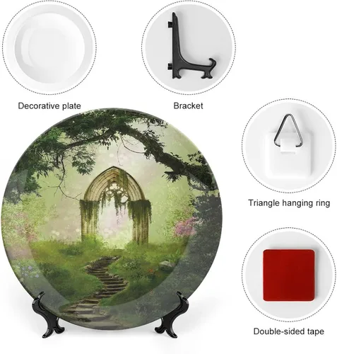 Vista 3 de Platos de cerámica, platos de cerámica decorativos antiguos, puerta de fantasía antigua en el bosque antiguo, 8 pulgadas, platos decorativos