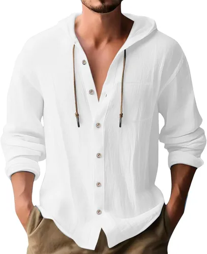 Vista 18 de Camisas de lino para hombre, casual, con botones, de verano, algodón, lino, con capucha, para playa, manga larga, con capucha