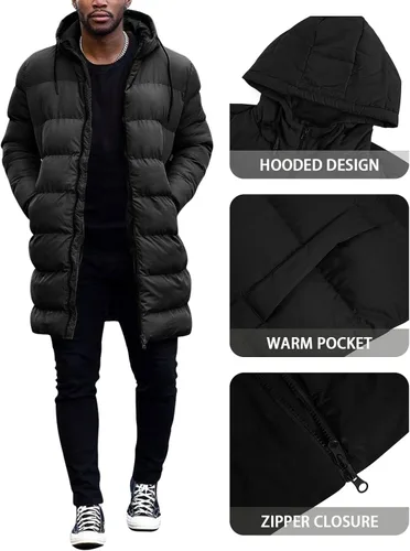 Vista 5 de Runcati Abrigo acolchado con capucha para hombre, chaqueta larga y cálida de invierno, gruesa y acolchada con capucha