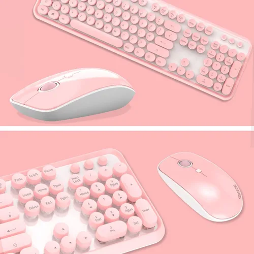 Vista 4 de Combo de teclado y mouse inalámbrico rosa, combo de teclado y mouse retro inalámbrico de 2.4 GHz, teclado inalámbrico Letton de tamaño completo