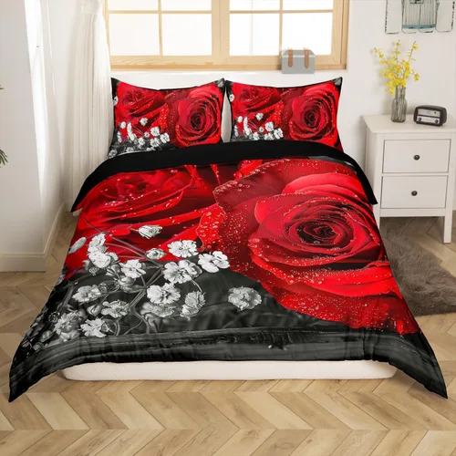 Vista 9 de Juego de funda de edredón de rosa roja, tamaño matrimonial, juego de ropa de cama floral color rojo degradado y negro para niñas, mujeres, niños