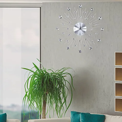 Vista 4 de Reloj de pared plateado metálico brillante para sala de estar, oficina (diamantes de imitación plateados), reloj de salón de belleza, Wanduhr