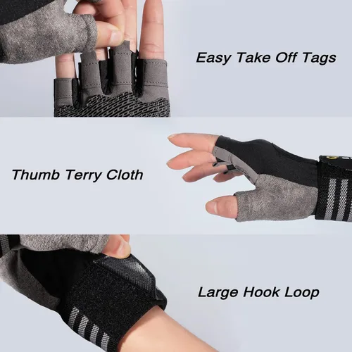 Vista 5 de Guantes de entrenamiento con soporte para muñeca para hombres y mujeres, guantes de levantamiento de pesas, antideslizantes, acolchados, sin dedos