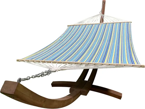 Vista 5 de Soporte para hamaca de arco de madera tratada al agua de 14 pies + cama hamaca premium acolchada, doblemente acolchada. Cama para 2 personas. Beige