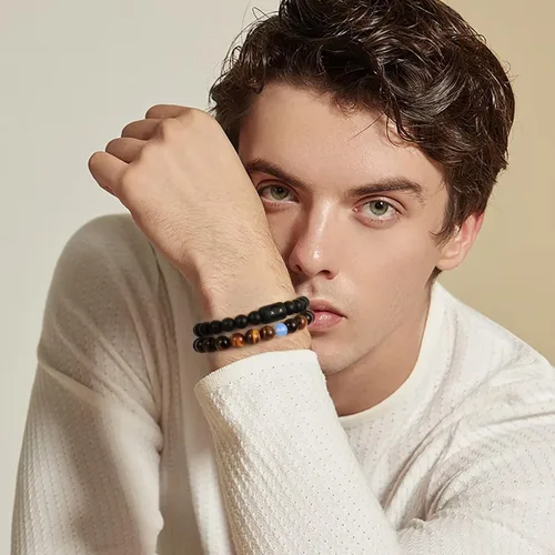 Vista 2 de Pulseras del zodiaco para hombres y mujeres, hechas a mano, ojo de tigre natural de 0.315in y piedra de ágata mate para hombre, pulseras