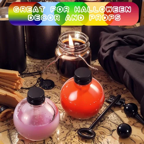 Vista 4 de Layhit 24 botellas esféricas de plástico con forma de bola, botellas redondas de 3.4 onzas, tarro de arena con 5 embudos decorativos, tarro de Negro