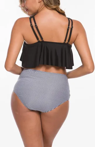 Vista 4 de SouqFone - Trajes de baño de dos piezas para mujer, top con volantes, parte inferior con cintura alta (disponible en tallas grandes)