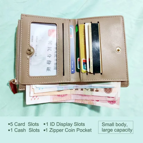 Vista 3 de Cartera de piel con bloqueo RFID, plegable, compacta, tarjetero para mujer, con cremallera y bolsillo para monedas con ventana de identificación