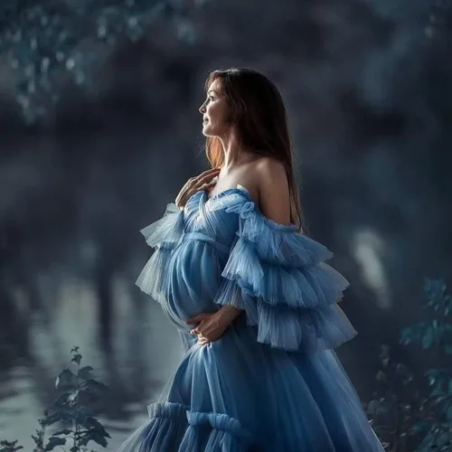 Vista 4 de Vestidos de maternidad de tul hinchado con volantes para sesión de fotos, hombros descubiertos, lencería nupcial, baby shower, bata de embarazo