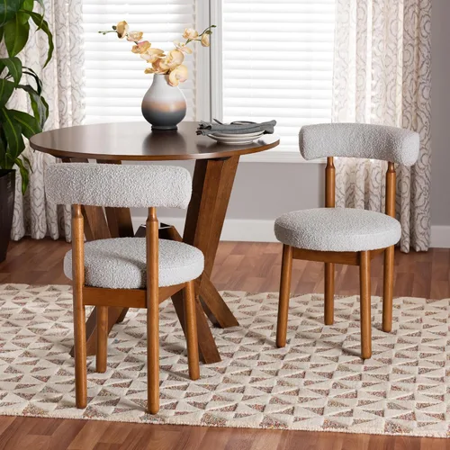 Vista 2 de Baxton Studio Edric Modern Japandi - Juego de sillas de comedor de 2 piezas con tela de boucle gris claro y acabado marrón nogal