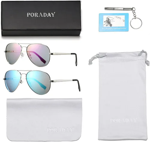 Vista 2 de PORADAY - Lentes de sol polarizados para hombres y mujeres con estilo aviador, armazón de metal, 100% protección UV400, 58 mm