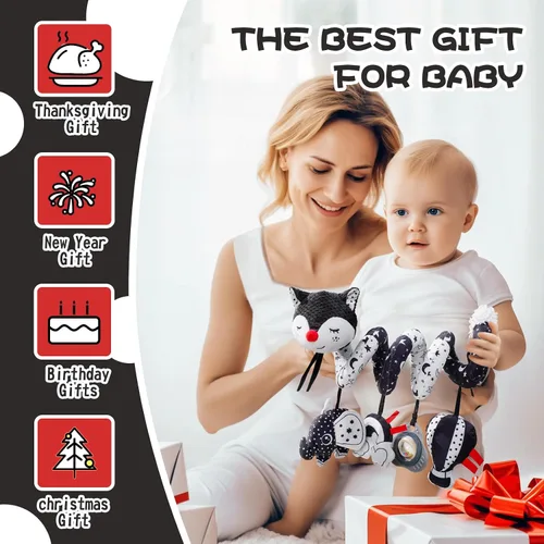 Vista 6 de Jollybaby Cochecito de cuna, juguete de asiento de automóvil para bebé de 0-3-6-9-12 meses, juguetes sensoriales colgantes para recién nacido