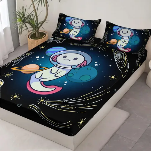 Vista 4 de HOSIMA - Juego de ropa de cama con diseño de ajolote para decoración de dormitorio infantil, patrón de dibujos animados espaciales Kawaii, animales