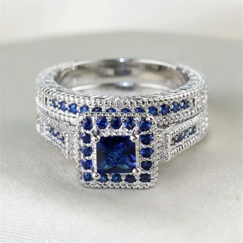 Vista 3 de Ai.Moichien Anillos de compromiso de boda con topacio azul y diamantes de imitación