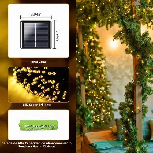 Vista 3 de Paquete de 2 tiras de luces solares de 480 LED para exteriores, luces solares súper largas de Navidad de 170 pies para exteriores con 8 modos