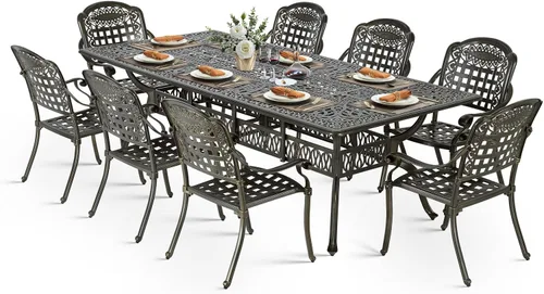 Vista 31 de VIVIJASON Juego de comedor al aire libre de 9 piezas, juego de mesa y sillas de patio de aluminio fundido para 8, incluye mesa rectangular de 94.5