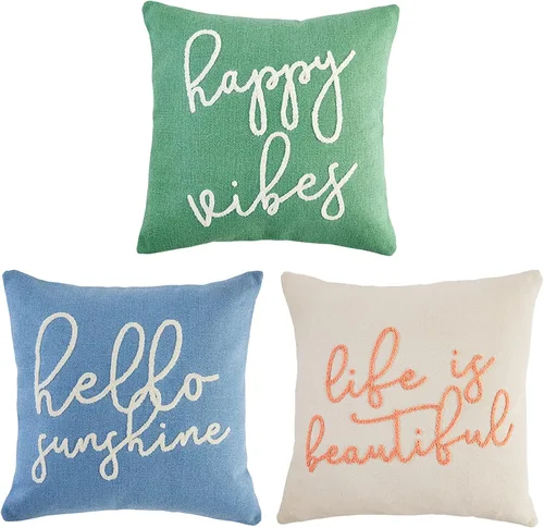 Vista 3 de Mud Pie Color Sentiment - Almohada Dhurrie, 22 x 22 pulgadas, Hello Sunshine