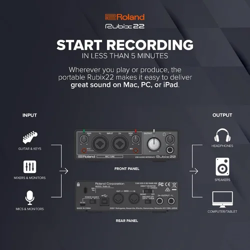 Vista 4 de Roland Rubix22 - Interfaz de audio USB de 2 entradas/2 salidas Audio de alta resolución Graba con micrófonos, guitarras, teclados y más