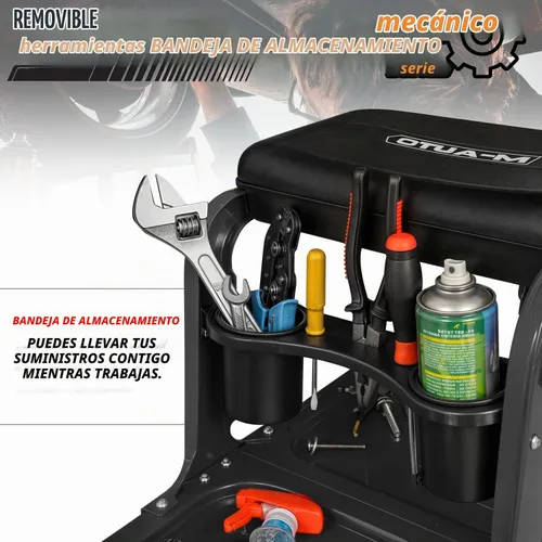 Vista 6 de M-AUTO Asiento de rodillo para garaje, taburete de taller mecánico resistente con bandeja para herramientas y estante para equipos, asiento
