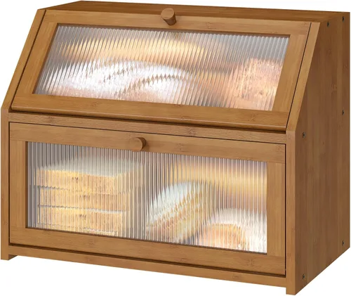 Vista 9 de Caja de pan extra grande negra para mostrador de cocina, caja de pan de bambú de doble capa grande, capacidad de almacenamiento de pan de madera