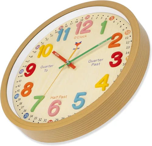 Vista 6 de Foxtop Silent Kids - Reloj de pared de aprendizaje de 12 pulgadas, sin tictac, funciona con pilas, colorido reloj para niños