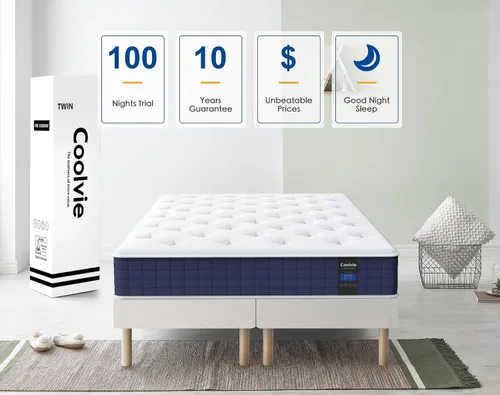 Vista 8 de Colchón Coolvie individual, híbrido de 10 pulgadas, resortes individuales con espuma viscoelástica, cama en una caja, sueño más fresco con alivio