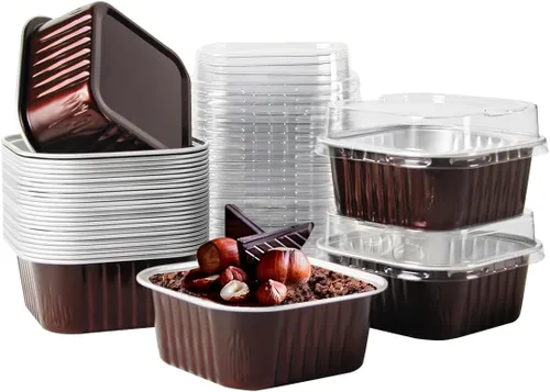 Vista 12 de 50 Pcs Mini Square Baking Cups with Lids,5oz Aluminum Foil Mini Cake Pans with Lids,Disposable Ramekins Cake Pans,150ml Dessert Cups Cupcake Pans