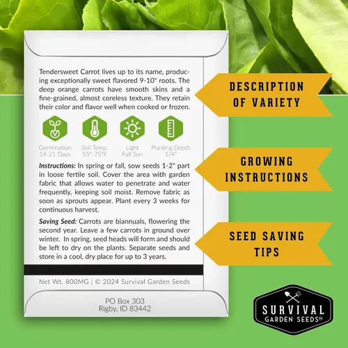 Vista 2 de 1 paquete de semillas de zanahoria tiernas para plantar, paquete con instrucciones para cultivar zanahorias naranjas largas y crujientes en tu