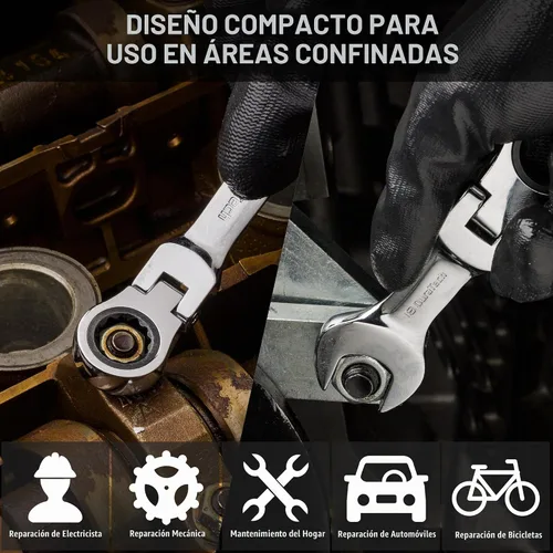 Vista 8 de Duratech - Juego de llaves de trinquete de cabeza flexible Stubby, métricas, 12 piezas, de 8 a 19 mm, acero CR-V, con bolsa