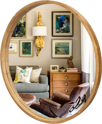 Vista 9 de Espejo redondo de madera de 35 pulgadas, espejo de pared circular rústico con biselado, espejos redondos de madera para decoración de pared, espejos