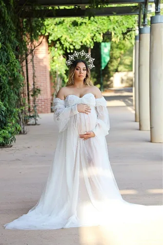 Vista 3 de yinyyinhs Vestido de maternidad de tul con perlas para sesión de fotos, manga larga hinchada, hombros descubiertos, vestido de maternidad para baby