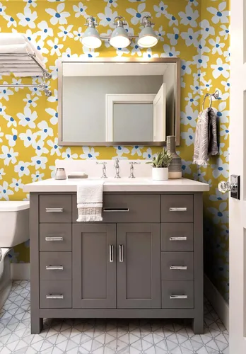 Vista 3 de HAOKHOME Papel Tapiz Amarillo Despegar y Pegar Floral Amarillo/Blanco/Azul Papel de Pared Removible para Dormitorio Baño Papel de Contacto Adhesivo