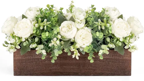 Vista 9 de Dahey Decoración de mesa de centro de mesa para comedor, mesa de granja, bandeja de madera con 3 flores artificiales y 2 eucaliptos para sala
