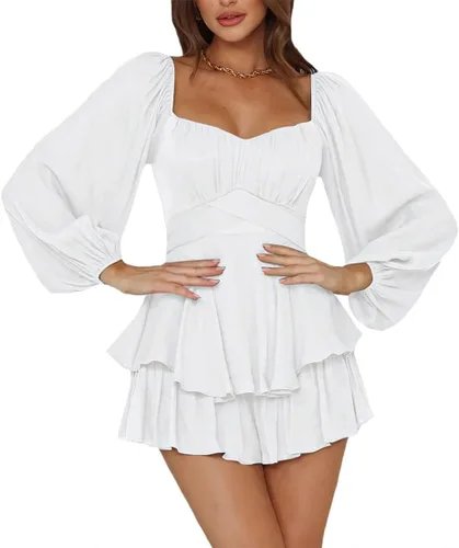 Vista 11 de LYANER Mono de Mujer de Manga Farol Larga con Volantes en Capas y Lazo Mini Corto Romper