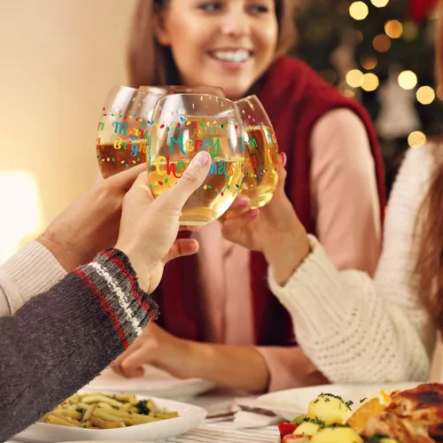 Vista 6 de 2 copas de vino sin tallo, taza divertida de 17 onzas con texto en inglés «Merry Christmas & New Year» – Regalos para mujeres, hombres, mamá, papá