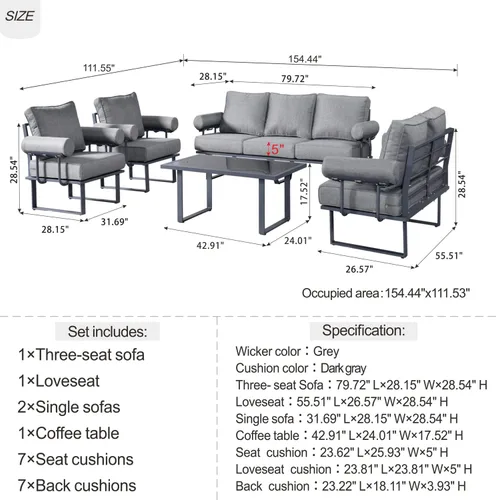 Vista 7 de HOOOWOOO Juego de muebles de aluminio para patio al aire libre, 5 piezas, sofá moderno de mediados de siglo, asiento de sofá resistente a la Gris