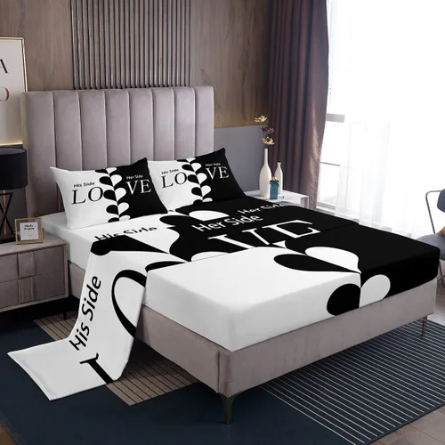 Vista 19 de Dog Side My Side - Juego de sábanas de tamaño Queen, color negro y blanco, sábana bajera ajustable para mujeres y hombres, sábanas románticas