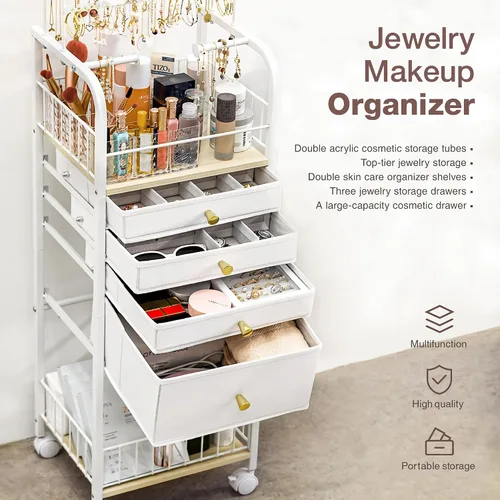 Vista 2 de Lineware Organizador de joyas, organizador de maquillaje de joyería con 4 cajones de joyería, organizador grande de soporte de joyería para aretes