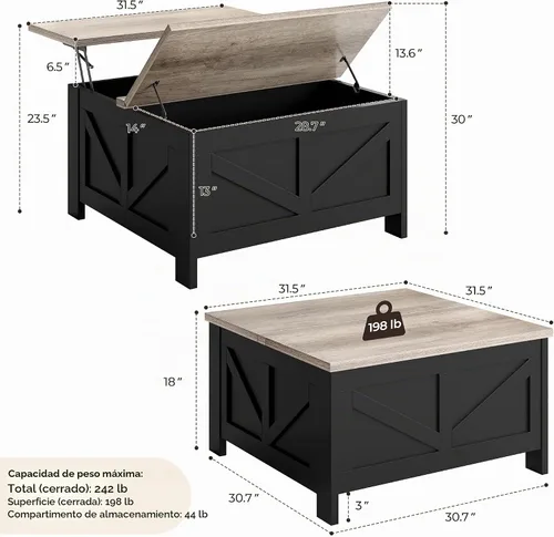 Vista 3 de Yaheetech - Mesa de centro con superficie superior abatible con almacenamiento, mesa de café cuadrada para sala de estar, mesas centrales de 31.5