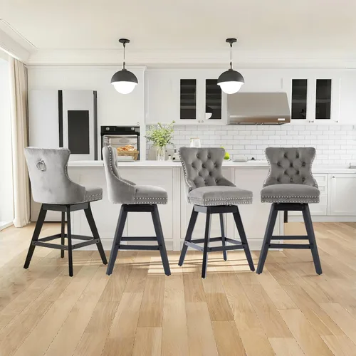 Vista 282 de SoarFlash Juego de 2 taburetes de bar tapizados de terciopelo moderno con patas de madera, botones acolchados, cabeza de clavo cromada, asiento