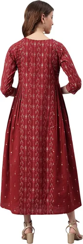 Vista 6 de Janasya - Vestido étnico flexible de algodón granate para mujer