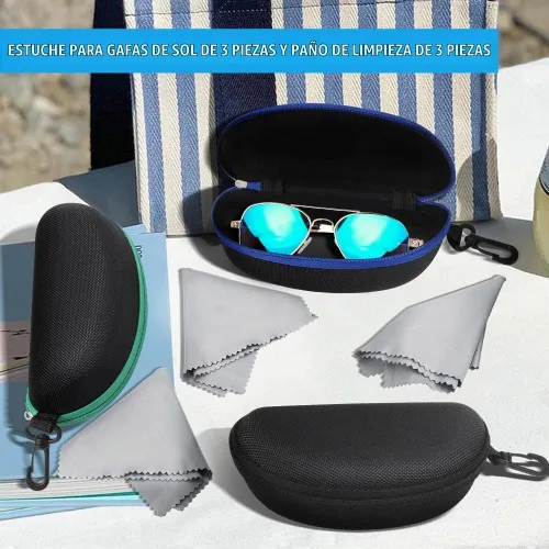 Vista 2 de Paquete de 3 fundas de gafas de sol portátil con cremallera de viaje con paño de limpieza A-negro+verde+azul