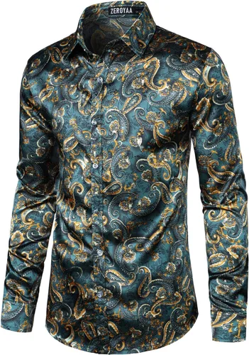 Vista 2 de ZEROYAA Men's Hipster Fitted Silk Like Satin Dress Shirt Long Sleeve Button Down Printed Shirt for Party Prom