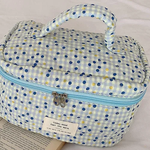 Vista 7 de Bolsa de cosméticos de viaje, bolsa de maquillaje de algodón, bolsa de aseo acolchada con hermoso patrón floral, bolsa de cosméticos de gran