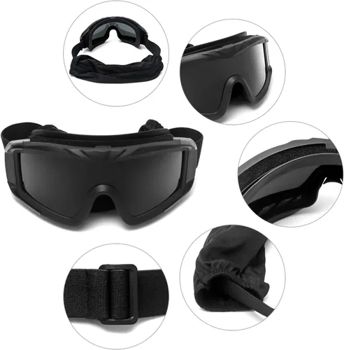 Vista 2 de QWORK Gafas tácticas militares de Airsoft para deportes al aire libre con 3 lentes intercambiables para montar a caballo, negro