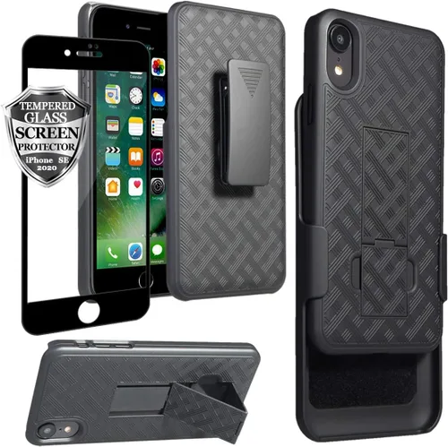 Vista 11 de Ailiber - Funda con clip para cinturón para iPhone 13/14, protector de pantalla, color negro Swivel Stand Holder, Slim Shell Slide Pouch Full Body