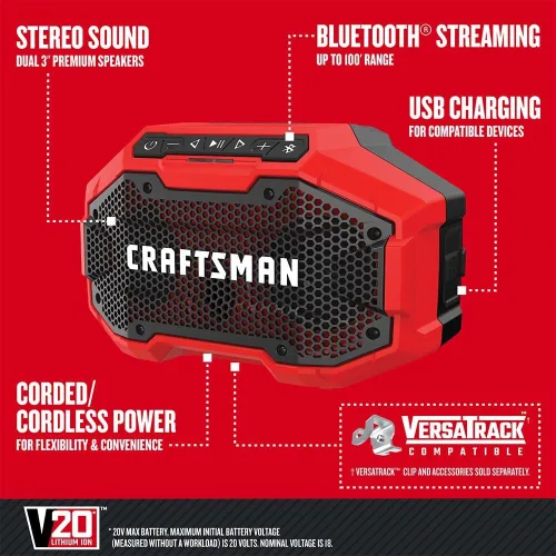 Vista 15 de CRAFTSMAN V20 Altavoz Bluetooth Portátil Inalámbrico, Solo Herramienta (CMCR001B), Rojo