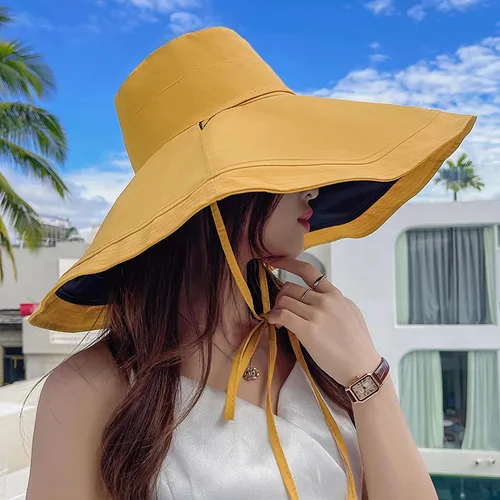 Vista 38 de Sombrero de sol de ala súper ancha para mujer, de algodón, plegable, reversible, con borde con cable, protección UV, verano, playa, viajes, jardín