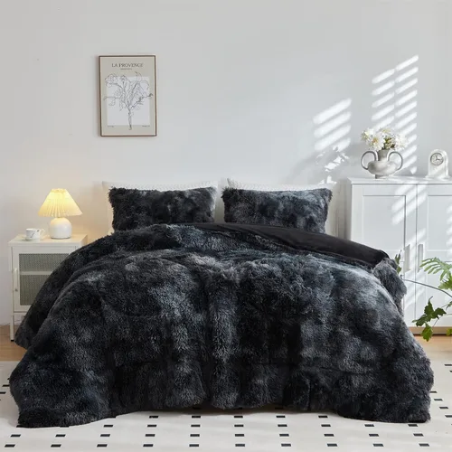 Vista 2 de Wajade Juego de edredón de felpa de pelo sintético teñido anudado negro, juego de ropa de cama mullido y peludo, juego de edredón de microfibra