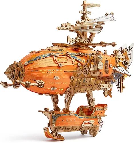 Vista 7 de FUNPOLA - Rompecabezas de madera LED 3D modelo de dirigible fantástico, kit de manualidades Steampunk con luces LED, intrincado juego de Gris